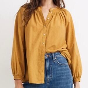 MADEWELL | Floral Embroidered Smocked-Neck Raglan Top Ornate Gold Yellow | XL